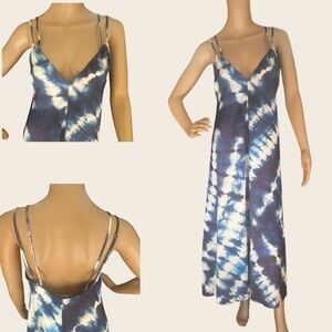 Zara Blue White Tie Dye Slip Dress XS-S Double Strap Maxi Boho Resort